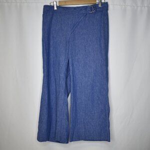 Elevenses Women's Pants Blue Linen Blend Vertical Zip Wide Leg Cropped